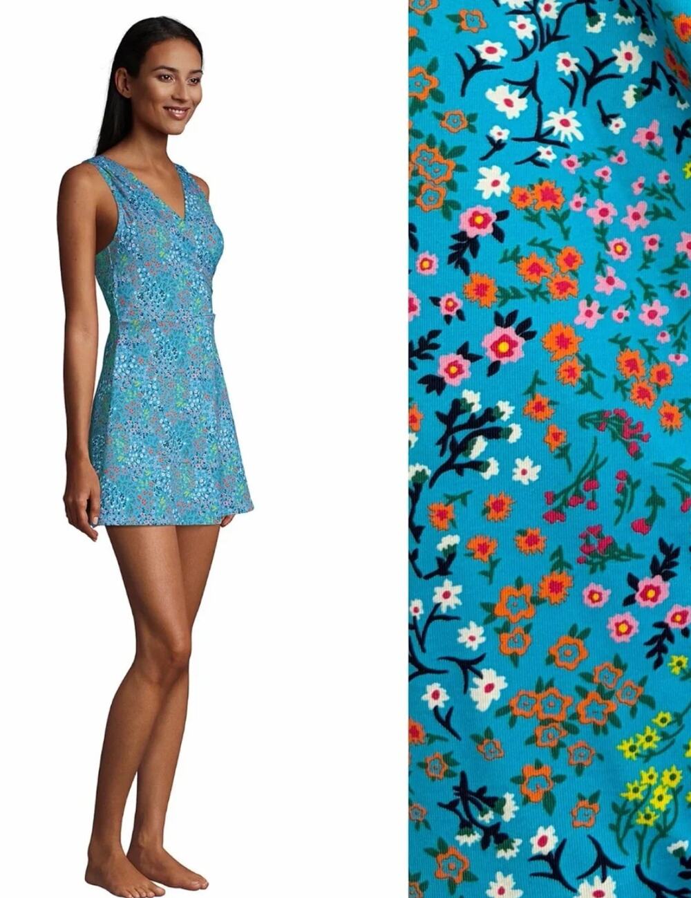 Lands End Blue Floral V Neck Surplice Tummy Control Wrap Swim Dress Swimsuit 8